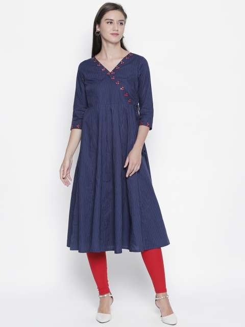 

RANGMANCH BY PANTALOONS Women Blue Striped A-Line Kurta