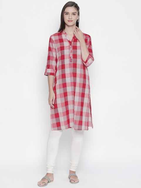 

RANGMANCH BY PANTALOONS Women Red & Beige Checked A-Line Kurta
