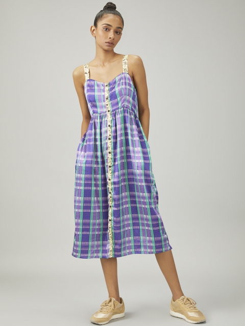 

Bhaane Women Purple & Green Checked Fit and Flare Dress