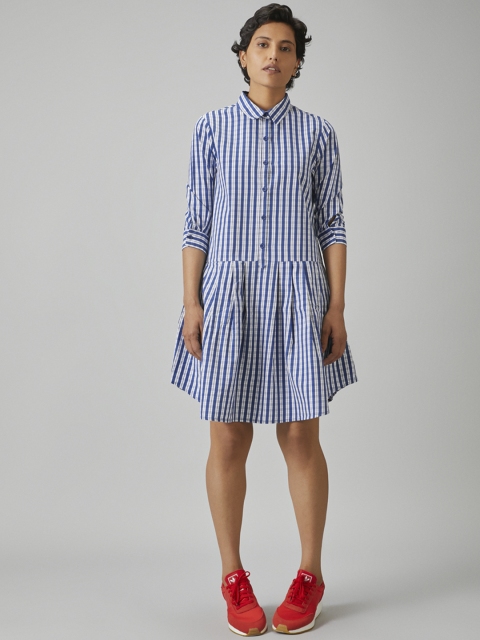 

Bhaane Women Blue & White Checked Shirt Dress