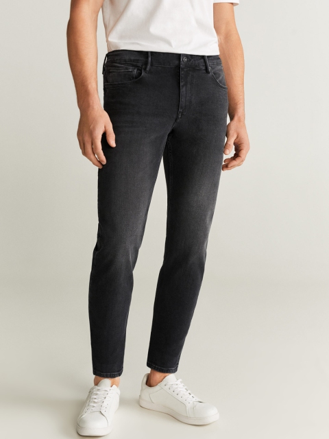 

MANGO MAN Black Straight Fit Mid-Rise Clean Look Stretchable Cropped Jeans