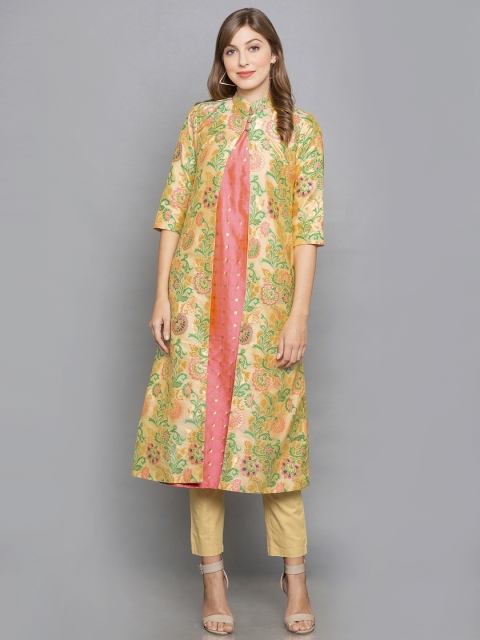 

Desi Weavess Women Peach-Coloured & Beige Woven Design A-Line Kurta With Ethnic Shrug