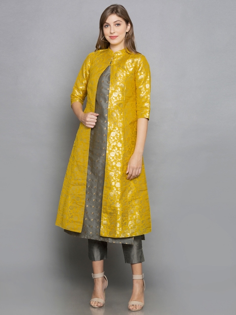 

Desi Weavess Women Grey & Yellow Woven Design A-Line Kurta With Ethnic Shrug