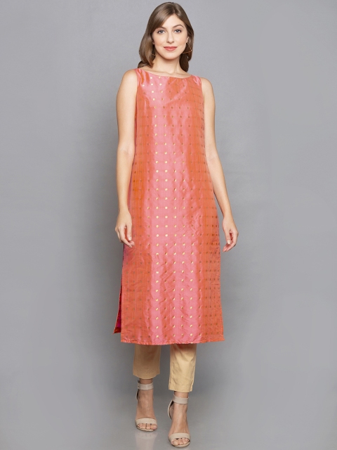 

Desi Weavess Women Peach-Coloured Woven Design Straight Kurta