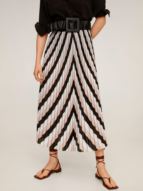 

MANGO Women White & Black Chevron Print Accordian Pleated A-Line Skirt