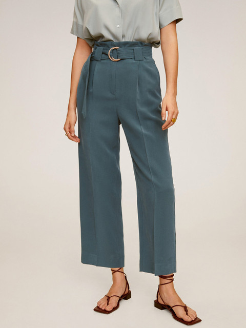 

MANGO Women Green Regular Fit High-Rise Solid Cropped Parallel Trousers