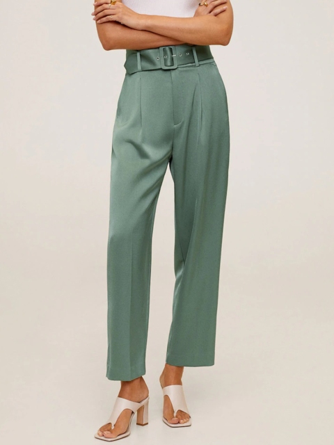 

MANGO Women Green Regular Fit Solid Cropped Trousers