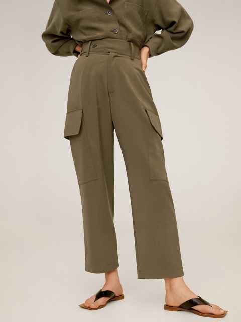 

MANGO Women Olive Green Regular Fit Solid Cropped Cargos