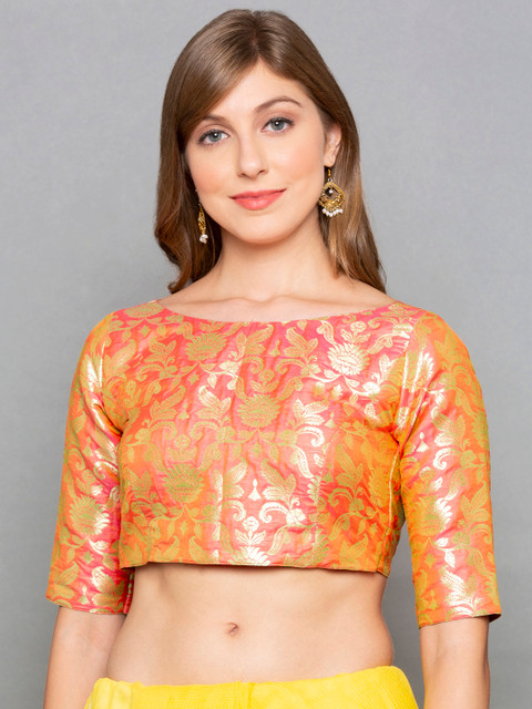 

Desi Weavess Women Orange & Gold-Coloured Brocade Saree Blouse