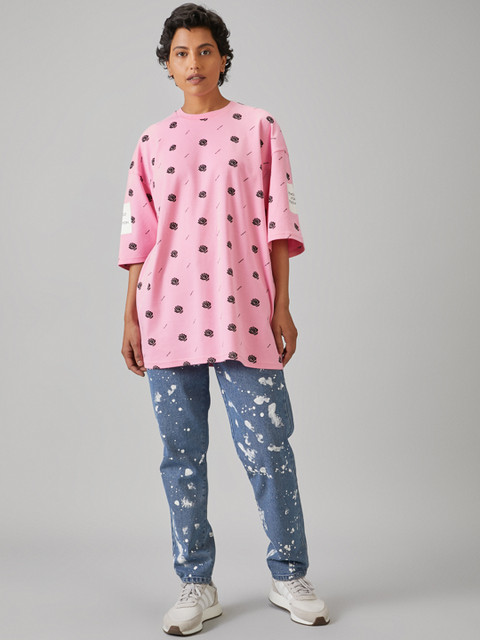 

Bhaane Unisex Pink & Black Printed Round Neck T-shirt