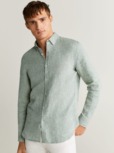 

MANGO MAN Men Green Linen Solid Casual Shirt