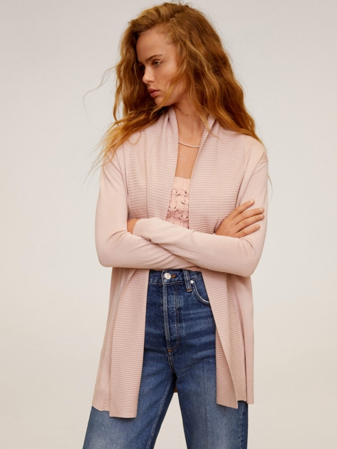 

MANGO Women Pink Solid Front-Open Longline Sweater