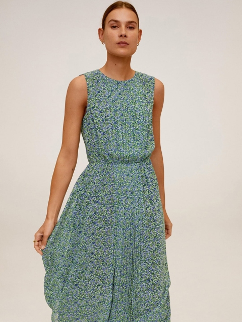 

MANGO Women Blue & Green Printed A-Line Sustainable Dress