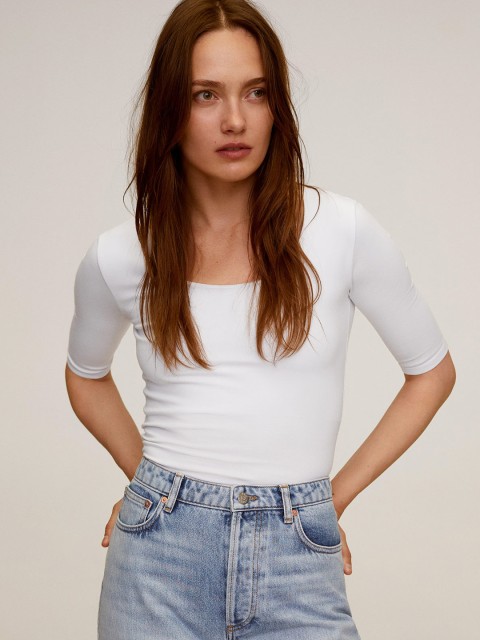 

MANGO Women White Solid Fitted Top