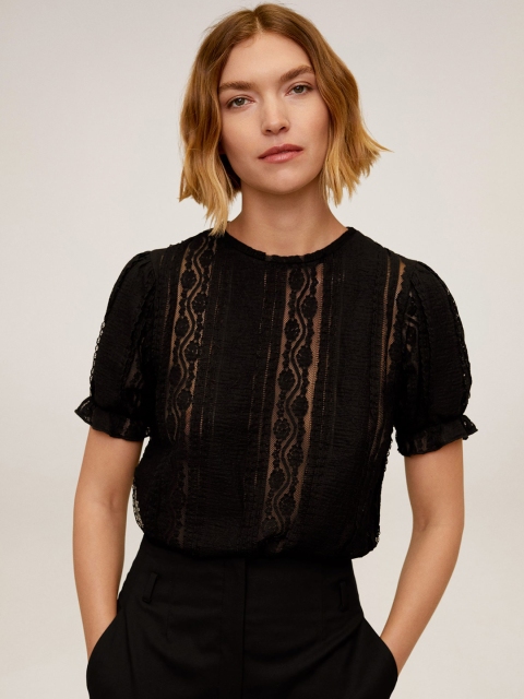 

MANGO Women Black Self Design Semi-Sheer Lace Top