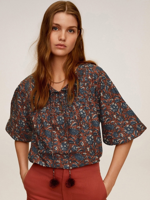 

MANGO Women Rust Red & Navy Blue Floral Print Pure Cotton Top