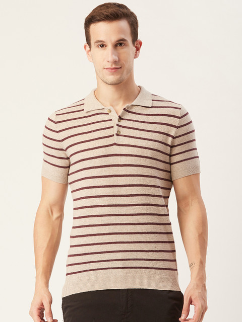 

MANGO MAN Beige Striped Polo Collar T-shirt
