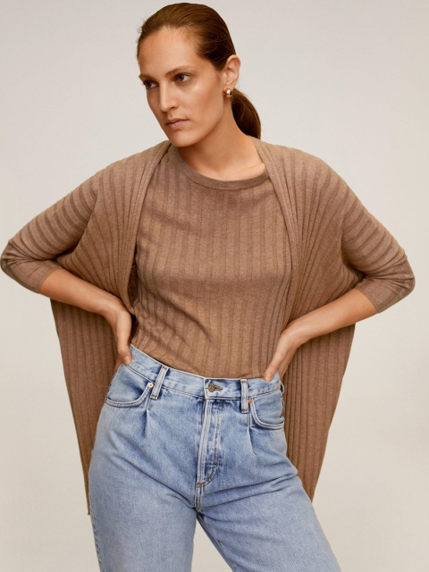 

MANGO Women Brown Ribbed Front-Open Longline Sweater