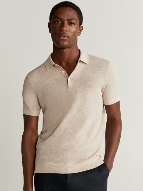 

MANGO MAN Men Beige Self-Design Polo Collar T-shirt