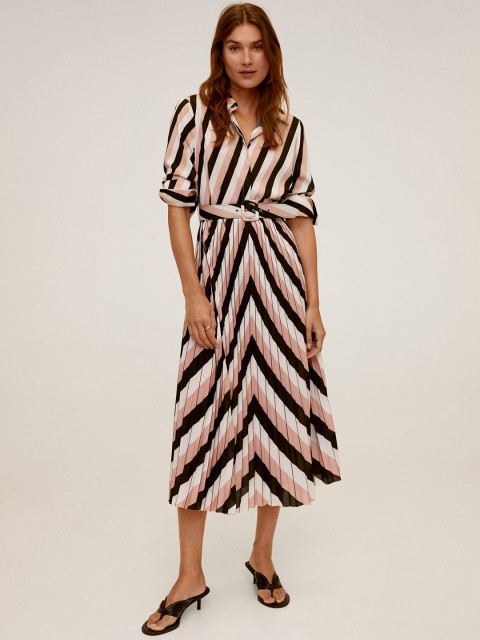 

MANGO Women Pink & Black Striped Shirt Dress