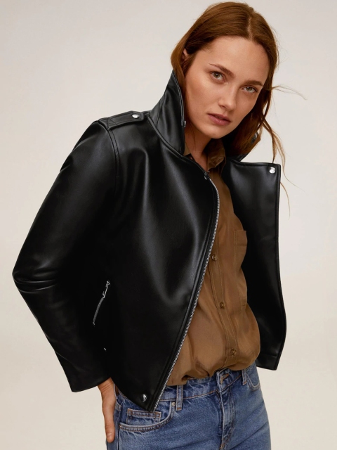 

MANGO Women Black Solid Biker Jacket