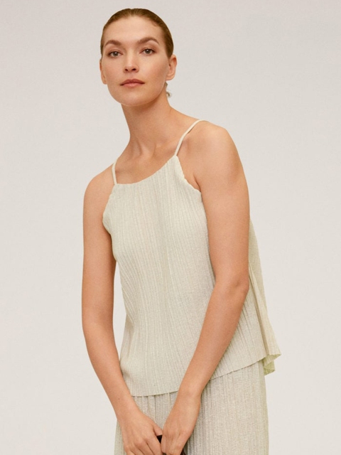 

MANGO Women Beige Solid Accordion Pleated Top