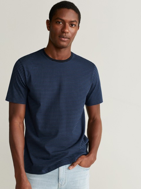 

MANGO MAN Navy Blue & Black Striped Relaxed Fit Round Neck T-shirt