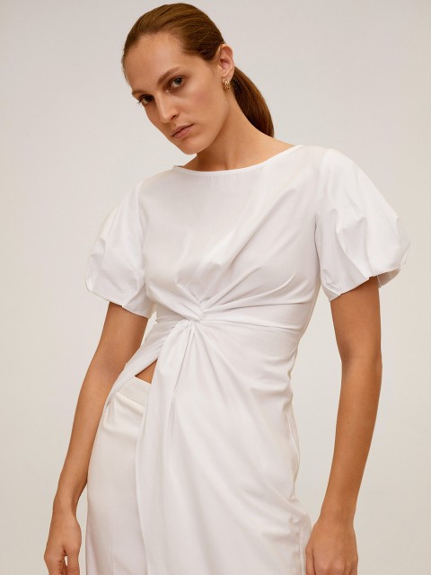

MANGO Women White Solid Twisted Longline Asymmetric A-Line Top