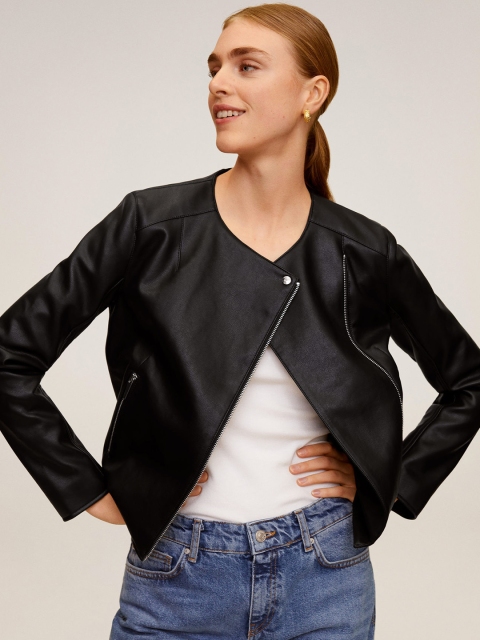 

MANGO Women Black Solid Asymmetric Closure Biker Jacket