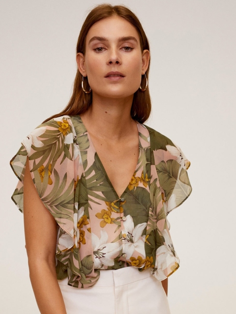 

MANGO Women Olive Green & Beige Floral Printed Ruffled A-Line Top