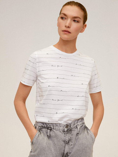 

MANGO Women White & Black Striped Round Neck T-Sustainable Shirt
