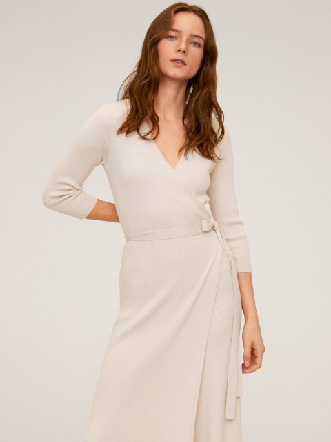 

MANGO Women Off-White Solid Ribbed Wrap Dress