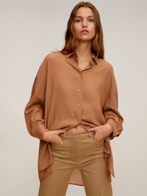 

MANGO Women Brown Regular Fit Solid Longline Casual Sustainable Shirt