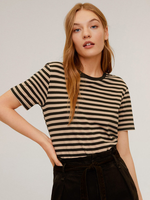 

MANGO Women Beige Black Striped Round Neck Pure Cotton T-shirt