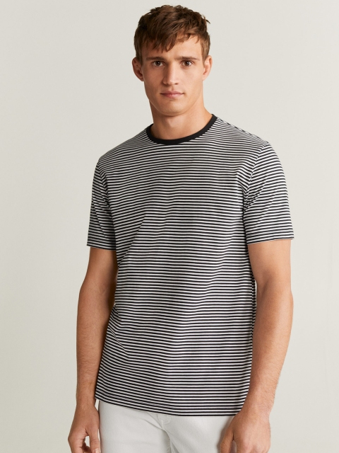 

MANGO MAN Black & White Striped Relaxed Fit Round Neck T-shirt