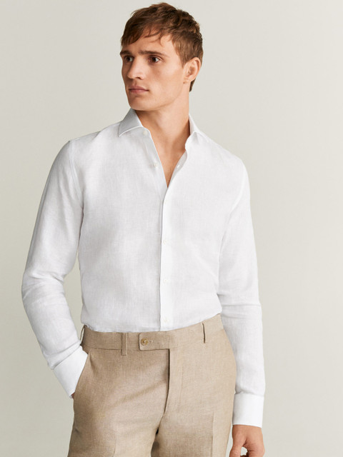 

MANGO MAN Men White Solid Linen Slim Fit Formal Shirt