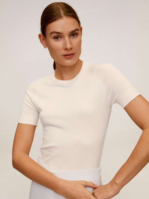 

MANGO Women Off-White Solid Pullover Sweater
