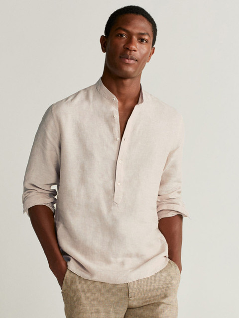 

MANGO MAN Beige Regular Fit Solid Linen Casual Shirt