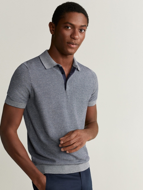 

MANGO MAN Men Navy Blue Self-Design Polo Collar T-shirt