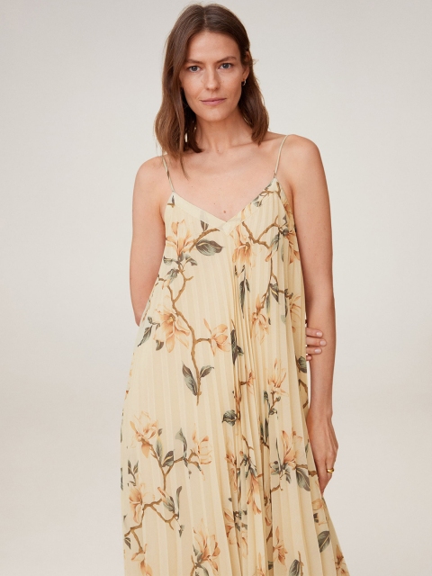 

MANGO Women Beige & Green Floral Print Accordion Pleats A-Line Dress