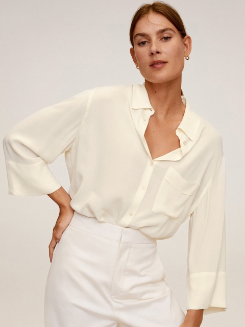 

MANGO Women Off-White Regular Fit Solid Drop Shoulder Casual Shirt