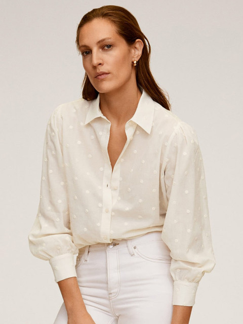 

MANGO Women Off-White Regular Fit Embroidered Casual Shirt