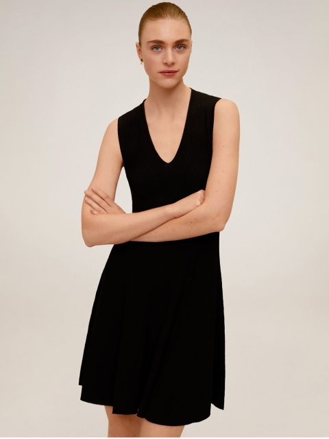 

MANGO Women Black Ribbed Fit & Flare Dress