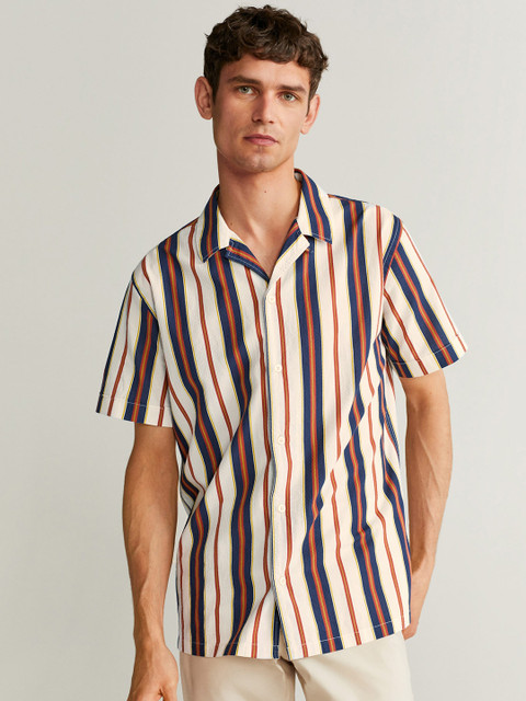 

MANGO MAN Off-White & Navy Blue Regular Fit Striped Casual Shirt
