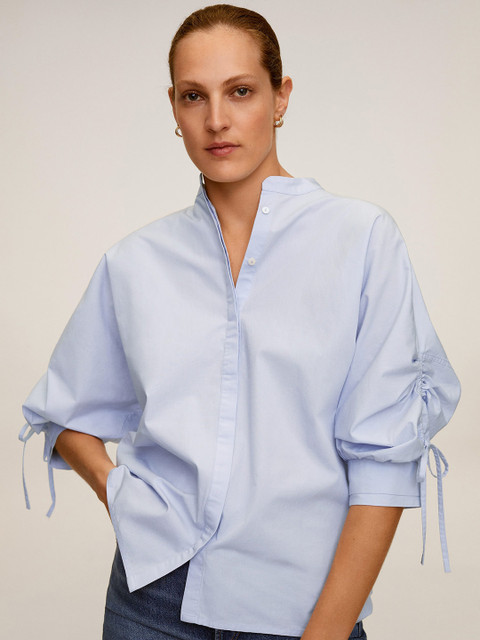 

MANGO Women Blue Solid Shirt Style Pure Cotton Top