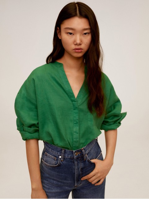 

MANGO Women Green Regular Fit Solid Linen Casual Shirt
