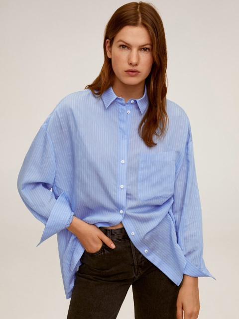 

MANGO Women Blue & White Regular Fit Striped Oversized Casual Shirt