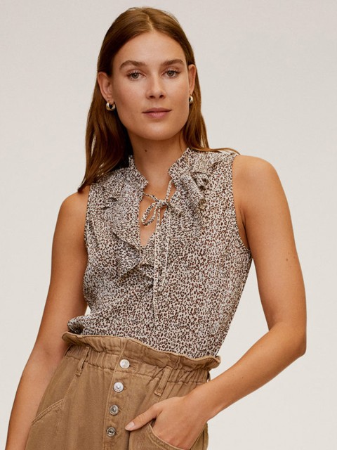 

MANGO Women White & Coffee Brown Animal Printed Ruffled Top