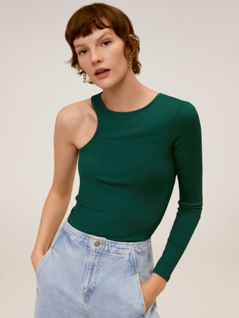 

MANGO Women Green Solid One-Shoulder Fitted Top