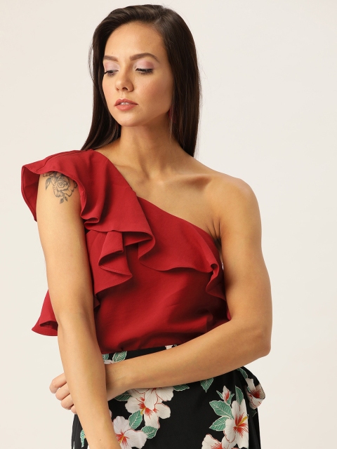 

MANGO Women Red One Shoulder Ruffled Solid Top